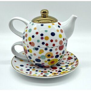 Ciroa Colorful Stacking Teapot Cup Gold Lid Saucer Set With Love Polka Dot New